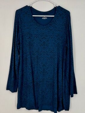 Soma Womens Large Tunic Tee Teal Blue Black Floral Medallion Print Long Sleeves